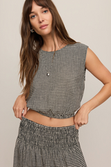 Light Gray Merit Cropped Gingham Linen Top Top