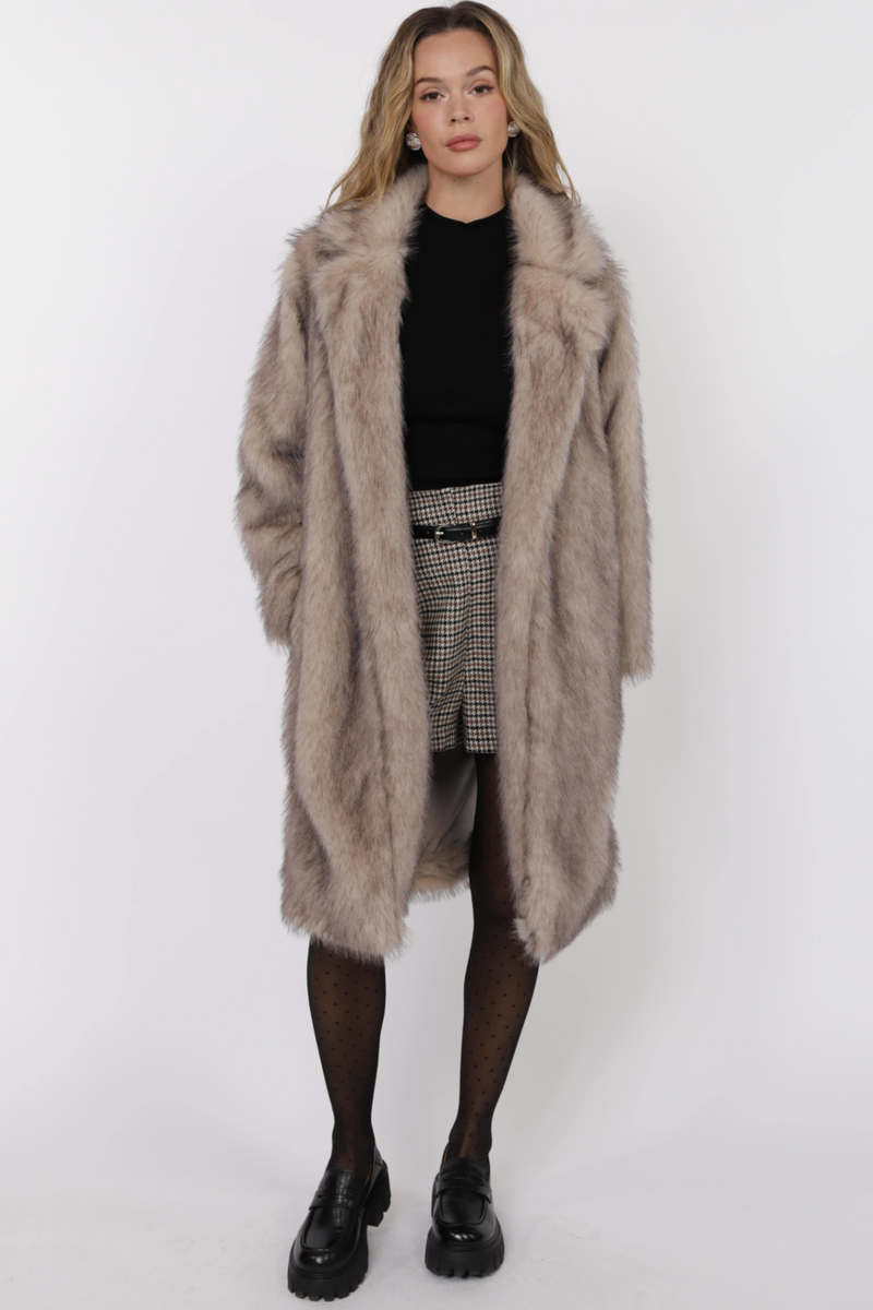 Light Gray Pixie Tipped Vegan Fur Coat in Beige/Brown Coat