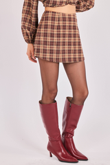 Light Gray Enigma Mini Skirt in Burgundy Plaid Mini Skort