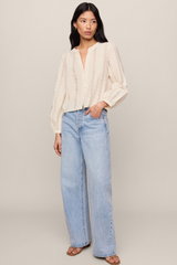 Light Gray Louella Embroidered Button Up Top Top
