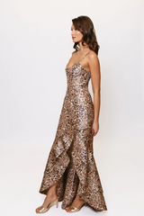 Beige Alma Dress in Natural Realistic Leopard Swirl Maxi Dress