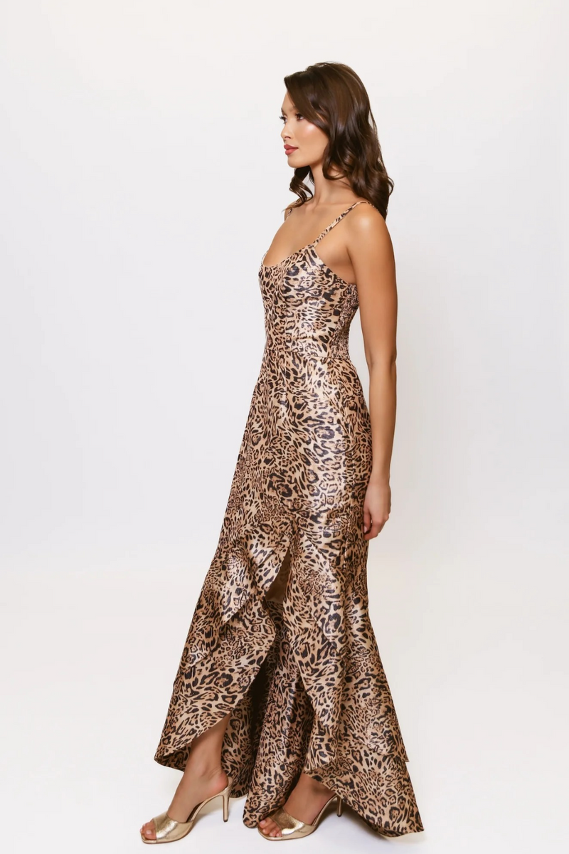 Beige Alma Dress in Natural Realistic Leopard Swirl Maxi Dress