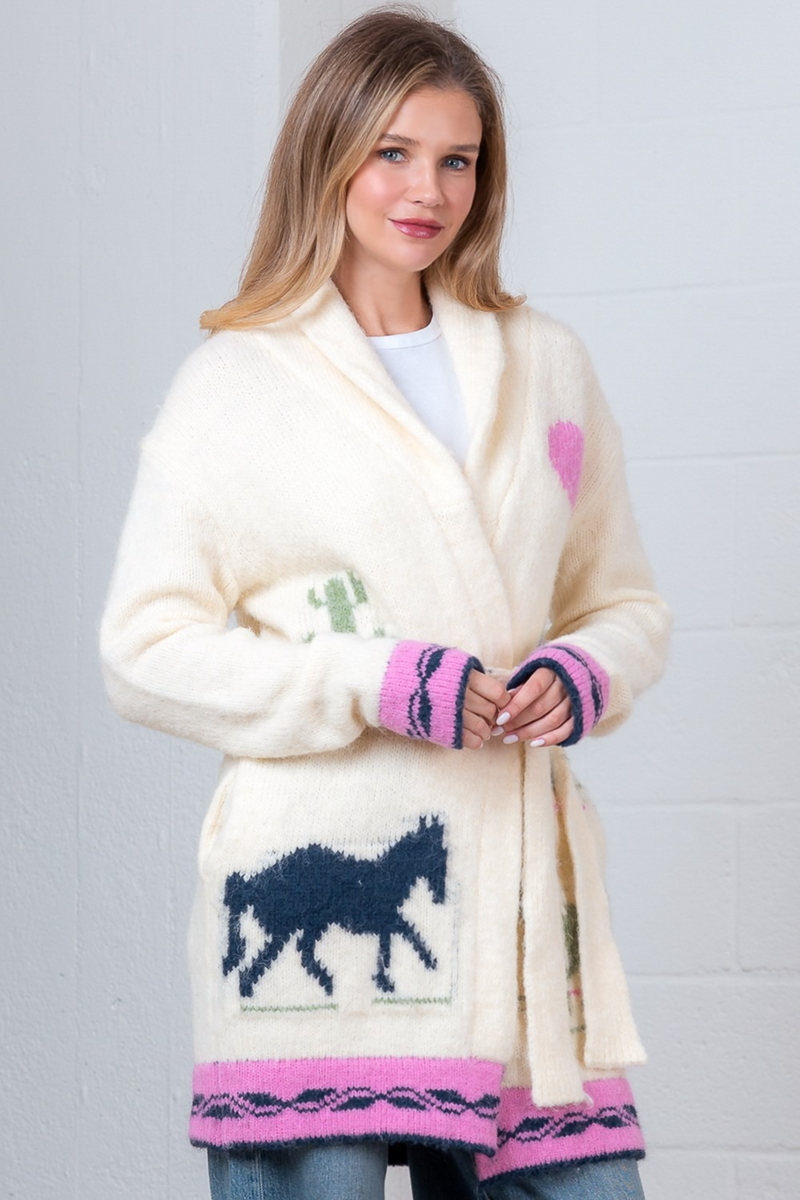 Light Gray Sunset Horse Self Tie Sweater Sweater