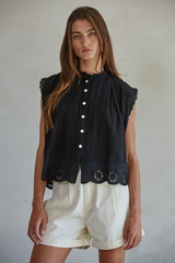 Dark Gray Bethany Eyelet Button Down Top
