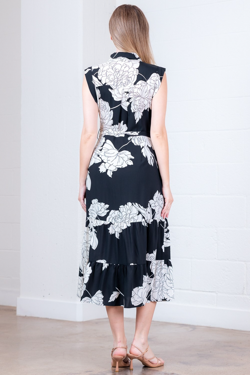Light Gray Hayes Floral Midi Dress in Black/Cream Midi Dress