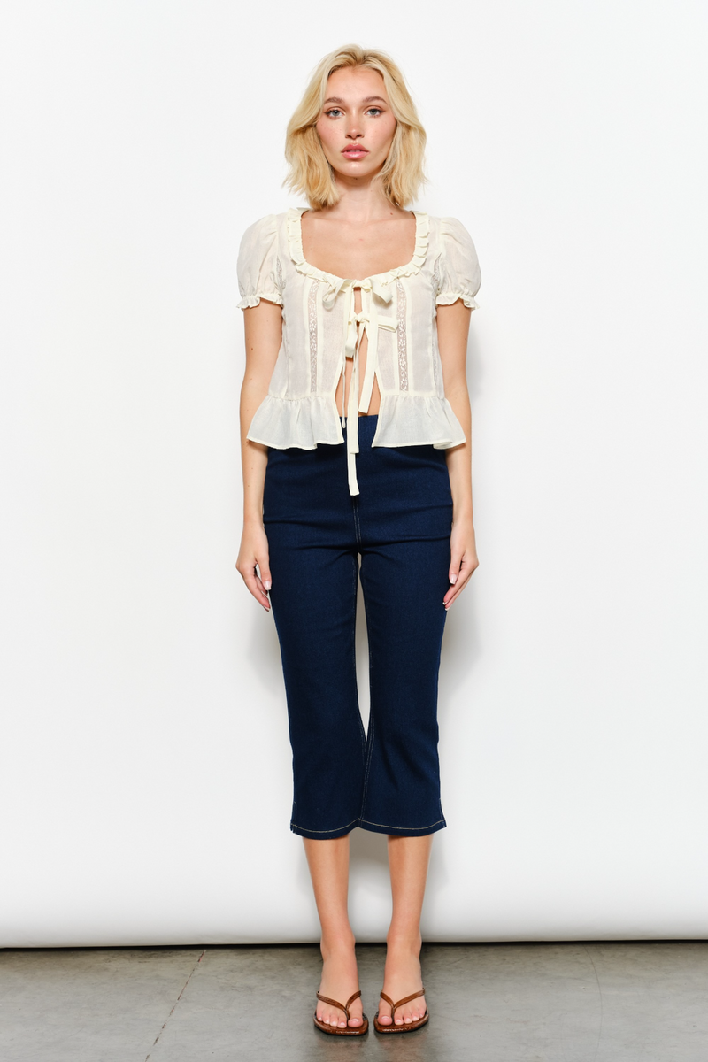 Beige Boheme Ties Ruffle Blouse Top