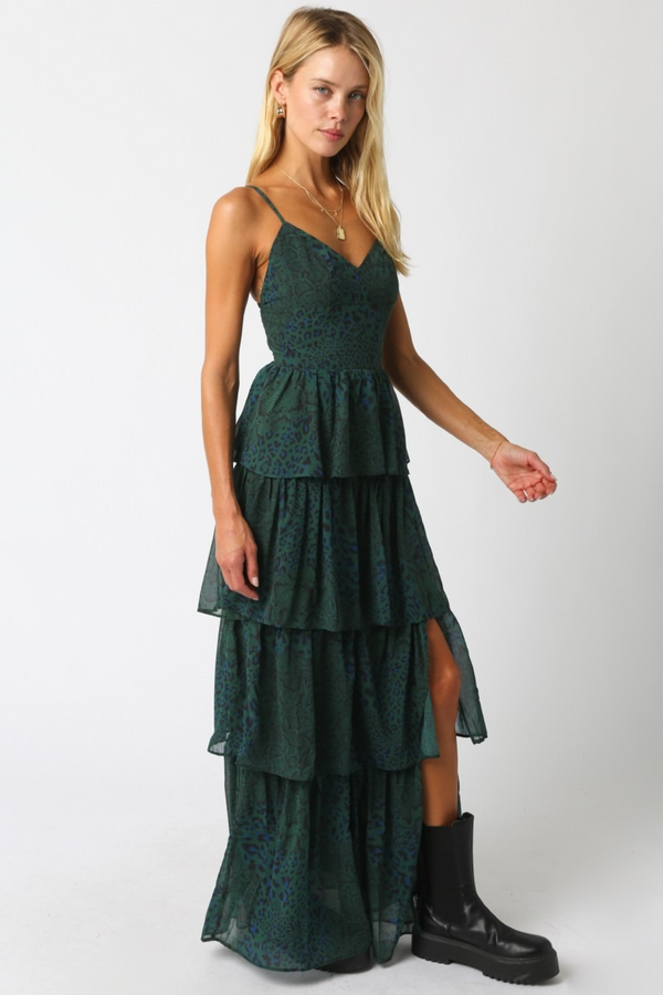 Dark Slate Gray Ruth Animal Print Ruffle Maxi Maxi Dress