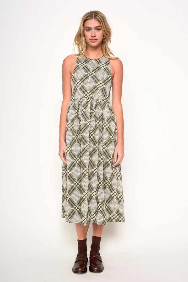 Beige Renzo Dress in Green Plaid Midi Dress