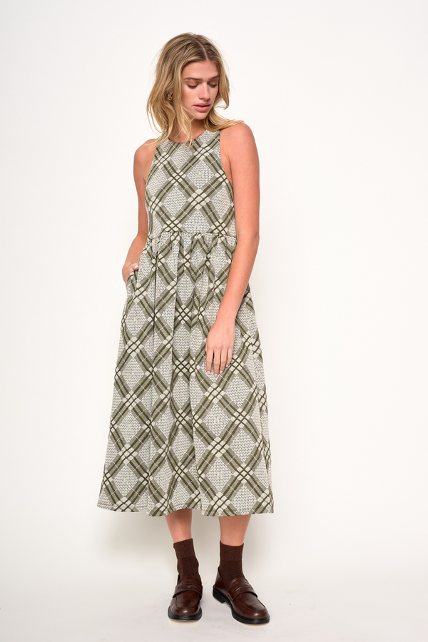 Beige Renzo Dress in Green Plaid Midi Dress