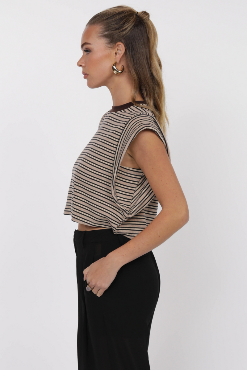 Light Gray One and Only Stripe Crop Tee in Heather Oatmeal Top