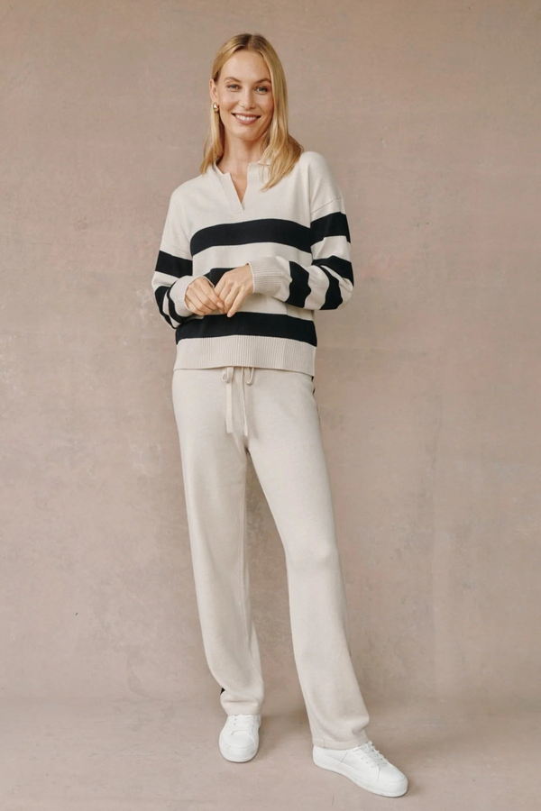 Rosy Brown Stripe Placket Pullover Sweater in Oat & Black Sweater