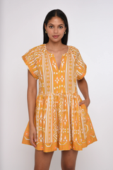 Light Gray Zelda Shirt Sleeve Dress in Bowen Deco Print Mini Dress