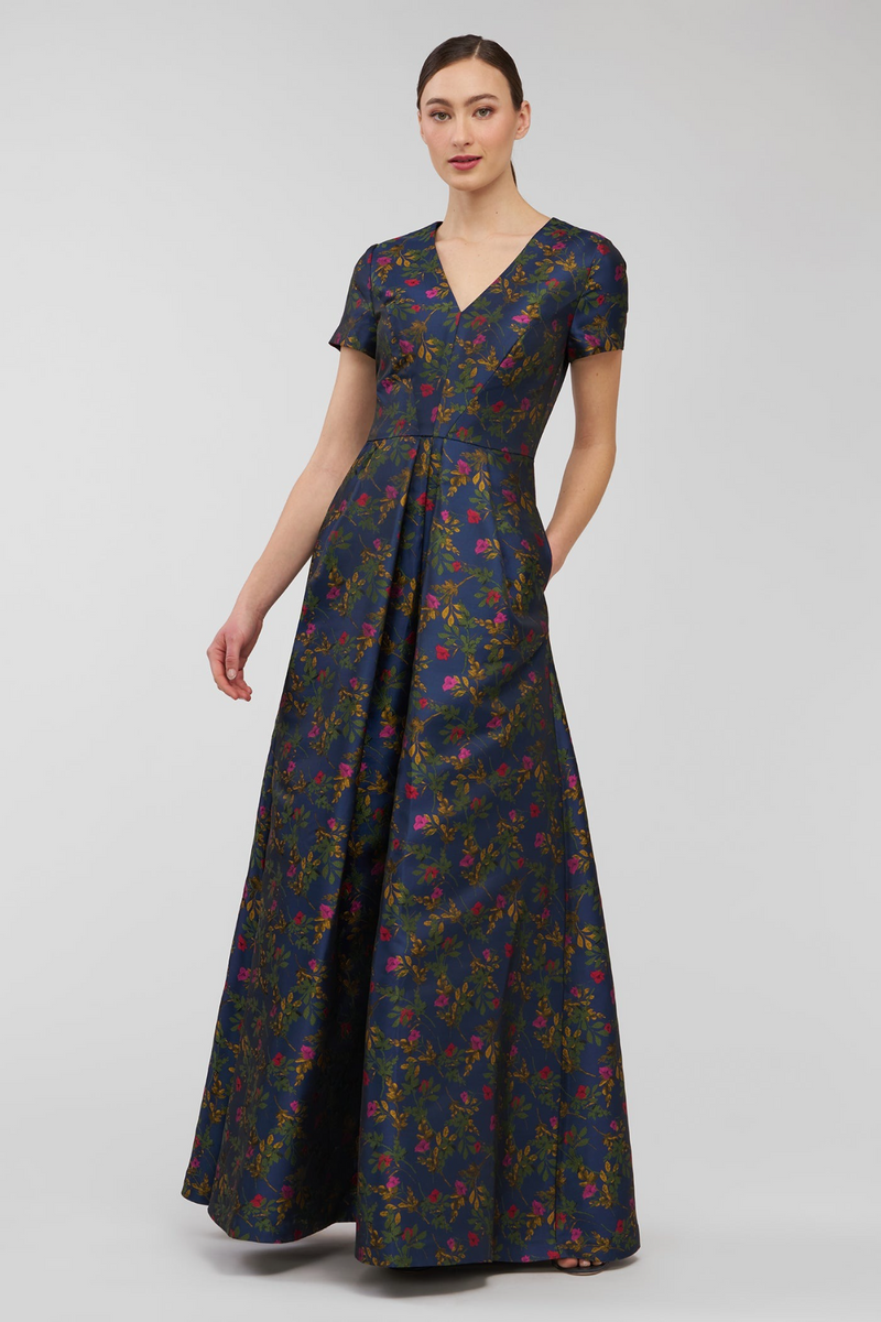 Kay Unger Women's Rochelle Floral V-Neck Gown - Blue Opal - Size 14 Kay Unger Women's Rochelle Floral V-Neck Gown - Blue Opal - Size 14