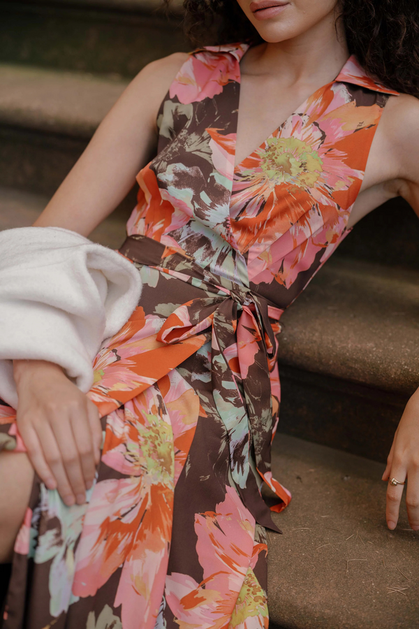 Dim Gray Vela Dress in Brown Vintage Upholstery Floral Maxi Dress
