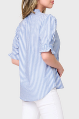 Lavender Dianthus Henley Blouse in French Blue Stripe Blouse