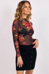 Black Gypset Glamour Mesh Top in Red Multi Floral Top