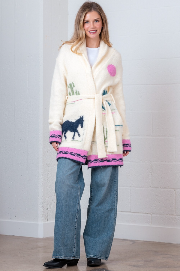 Gray Sunset Horse Self Tie Sweater Sweater