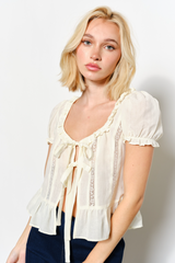 Antique White Boheme Ties Ruffle Blouse Top