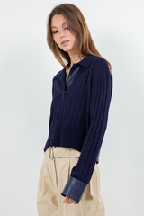 Midnight Blue Ray Contrast PU Sweater Top Top