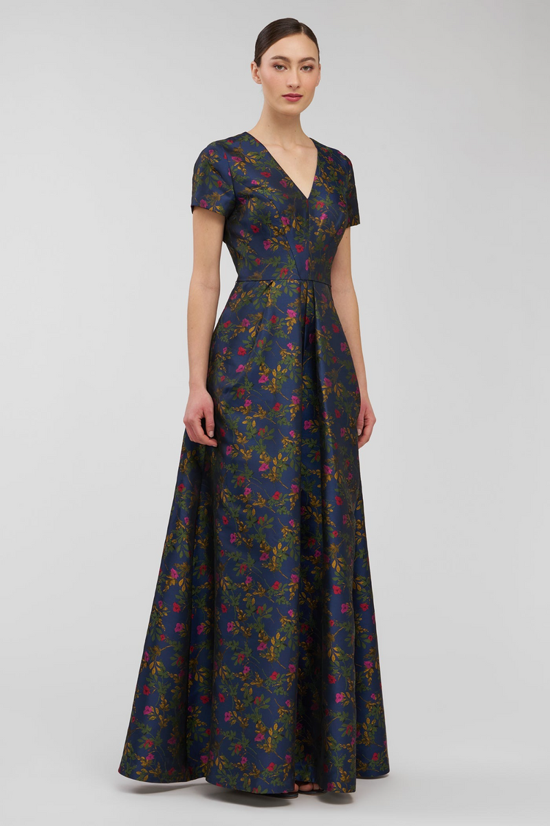 Kay Unger Women's Rochelle Floral V-Neck Gown - Blue Opal