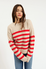 Antique White Carlyle Everyday Crew Neck Sweater in Red Oat Stripe Sweater