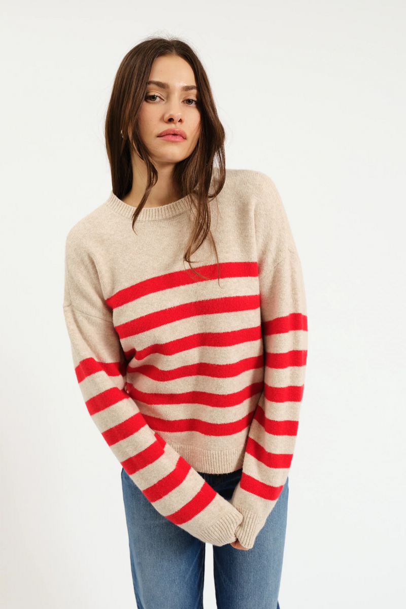 Antique White Carlyle Everyday Crew Neck Sweater in Red Oat Stripe Sweater