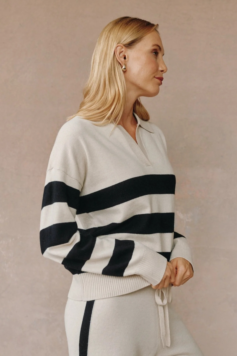 Rosy Brown Stripe Placket Pullover Sweater in Oat & Black Sweater