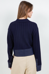 Midnight Blue Ray Contrast PU Sweater Top Top