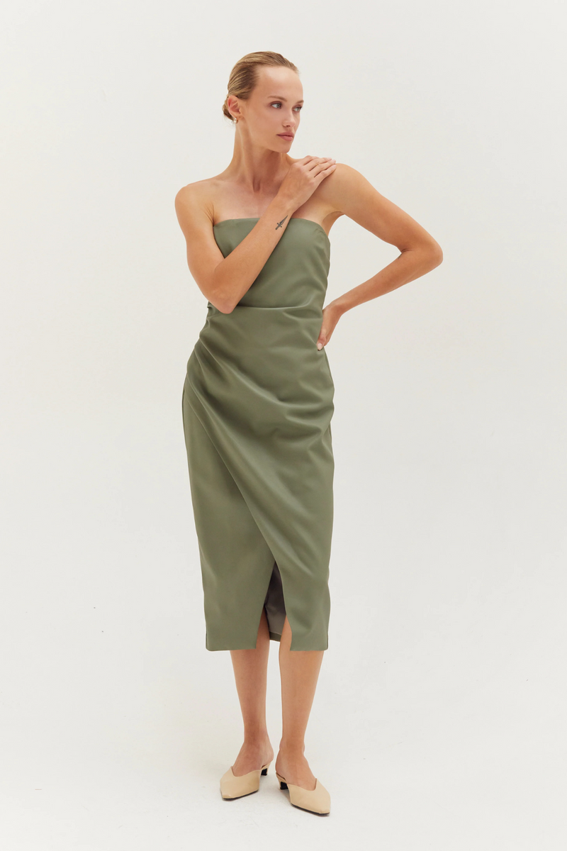 Beige Reeve Vegan Leather Tube Midi Dress Midi Dress