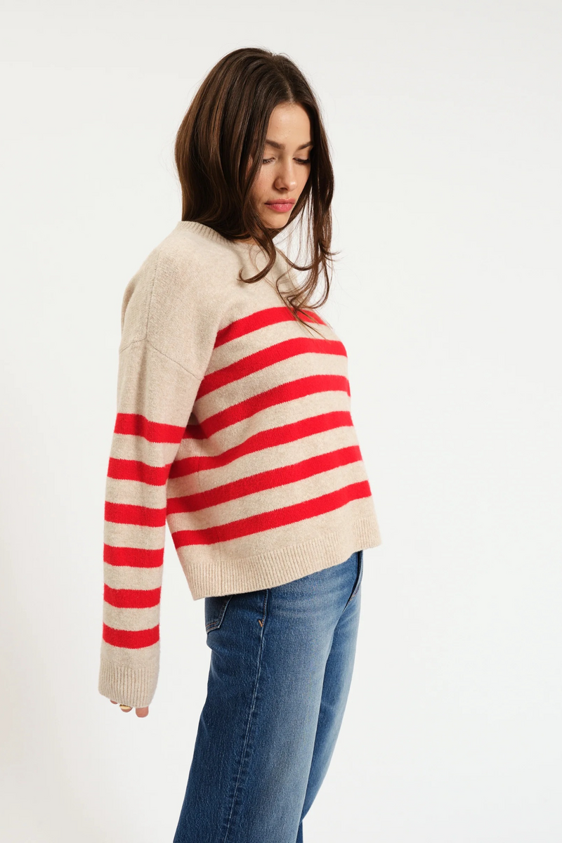 Beige Carlyle Everyday Crew Neck Sweater in Red Oat Stripe Sweater