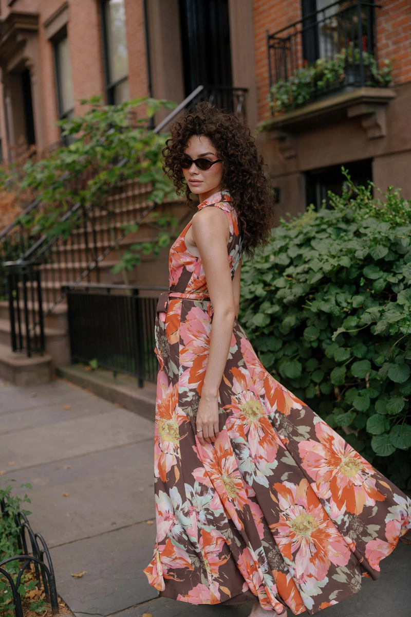 Dark Slate Gray Vela Dress in Brown Vintage Upholstery Floral Maxi Dress