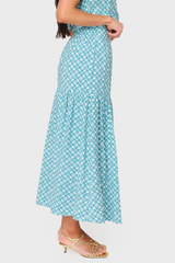 Lavender Playa Tiered Maxi Skirt in Teal Leaf Tile Maxi Skirt