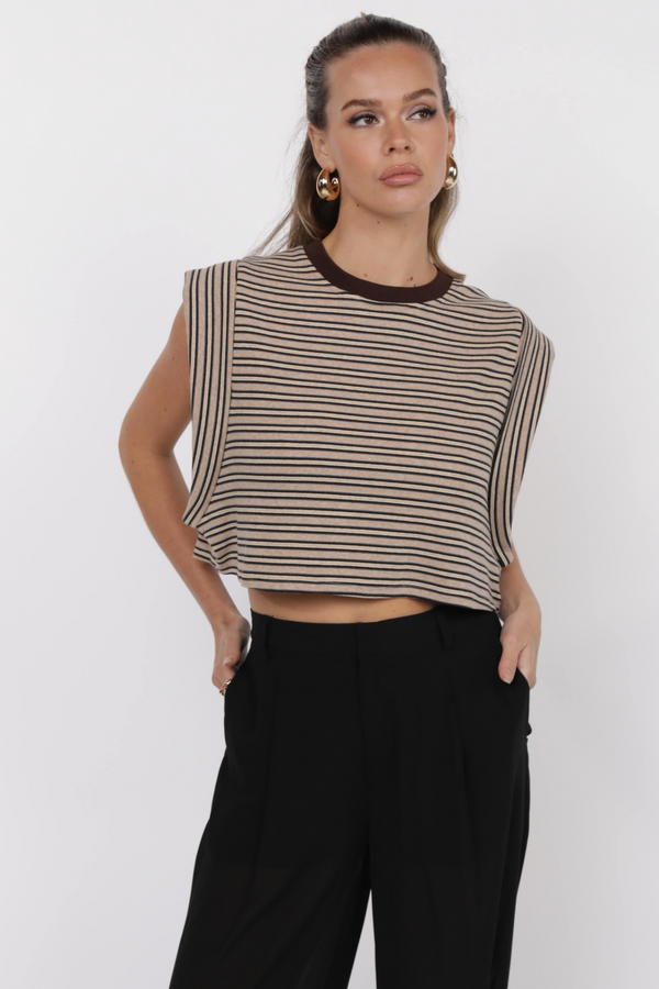 Black One and Only Stripe Crop Tee in Heather Oatmeal Top
