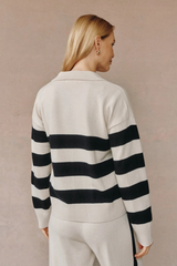 Dark Gray Stripe Placket Pullover Sweater in Oat & Black Sweater