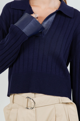 Black Ray Contrast PU Sweater Top Top