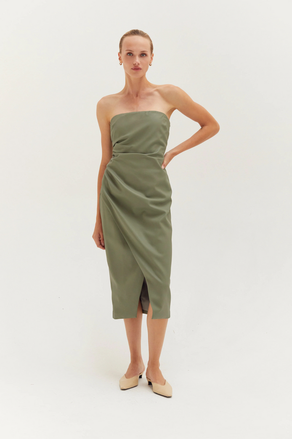 Beige Reeve Vegan Leather Tube Midi Dress Midi Dress
