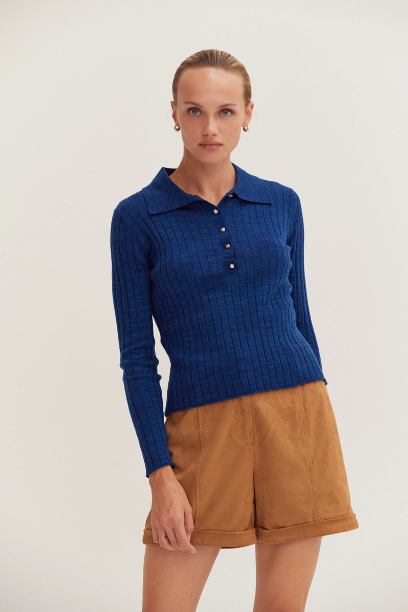 Midnight Blue Chels Ribbed Polo Sweater Top Top