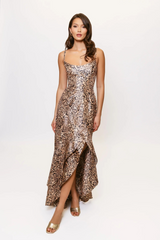 Beige Alma Dress in Natural Realistic Leopard Swirl Maxi Dress