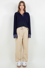 Light Gray Ray Contrast PU Sweater Top Top