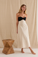 Tan Emery Colorblock Front Twist Linen Midi Dress Midi Dress