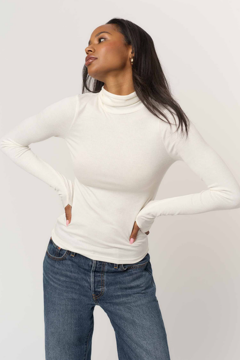 Light Gray Olive Rib Long Sleeve Turtleneck Top