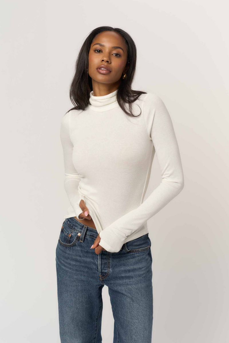 Light Gray Olive Rib Long Sleeve Turtleneck Top