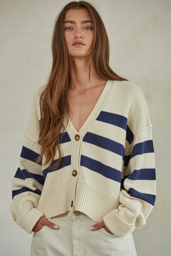 Dark Gray Hudson Striped Cardigan in Cream Navy Cardigan