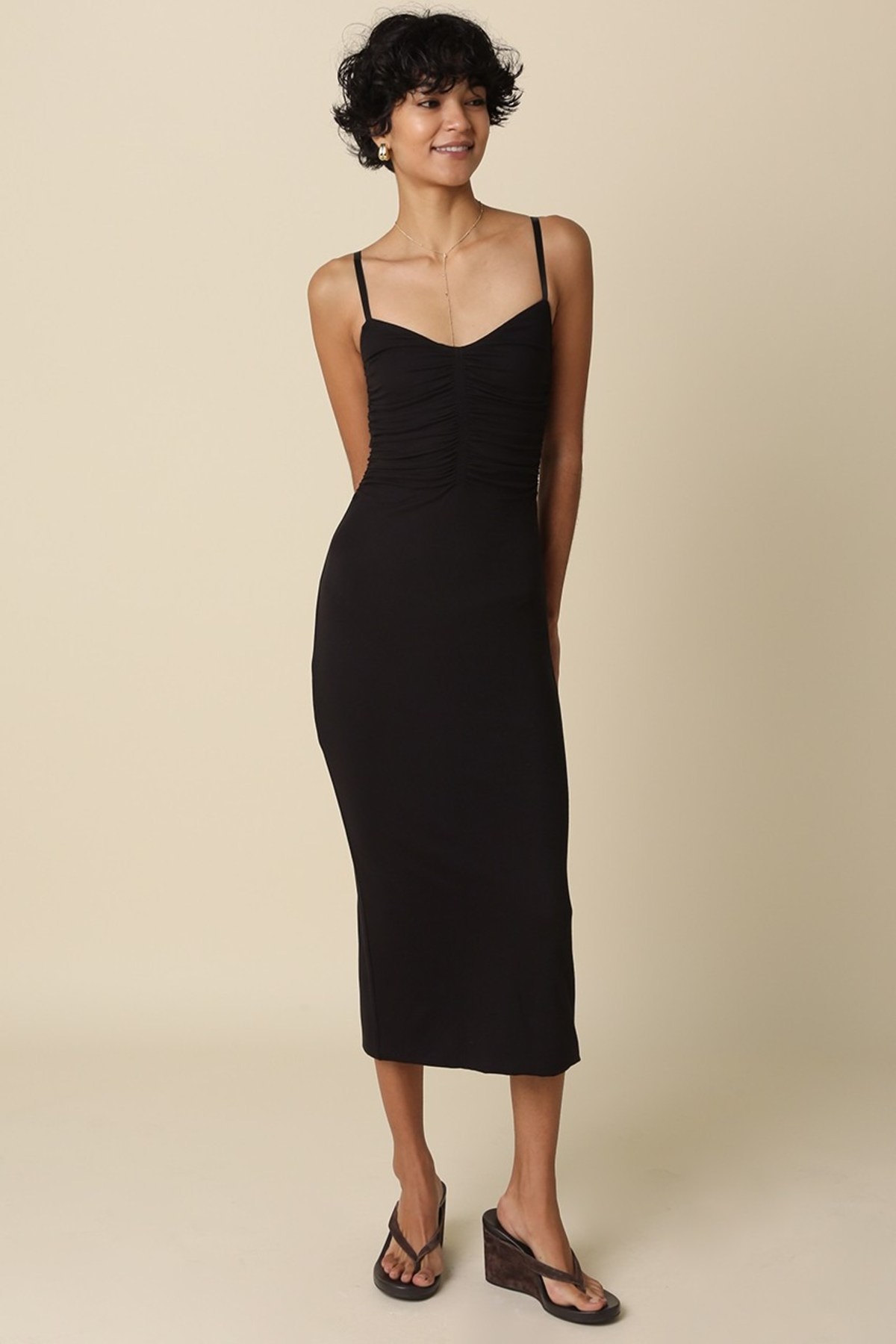 black ruched spaghetti strap bodycon dress Barbara – Two Cumberland Reminisce Dresses bodycon silhouette is designed Size:Large-5T A Line Ankle Length