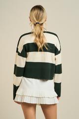Light Gray Field Striped Polo Sweater in Hunter Green/Ivory Sweater