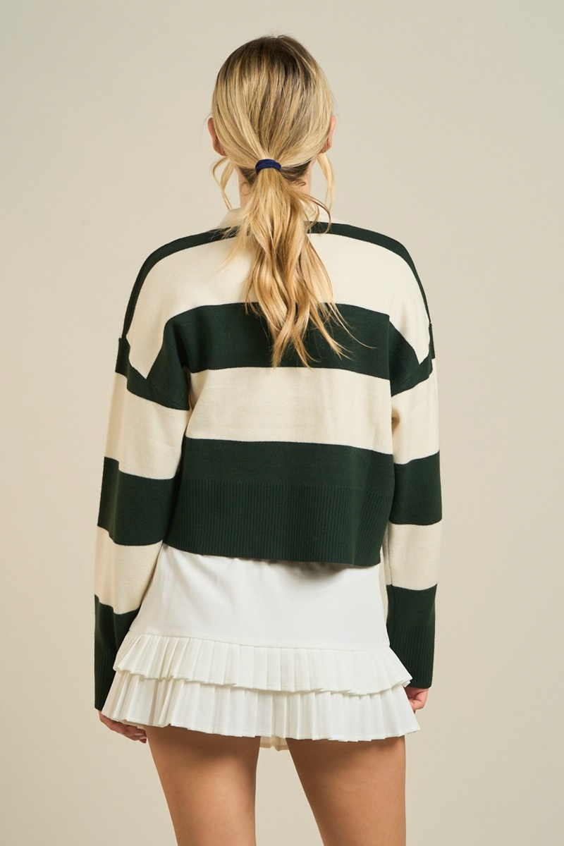 Light Gray Field Striped Polo Sweater in Hunter Green/Ivory Sweater