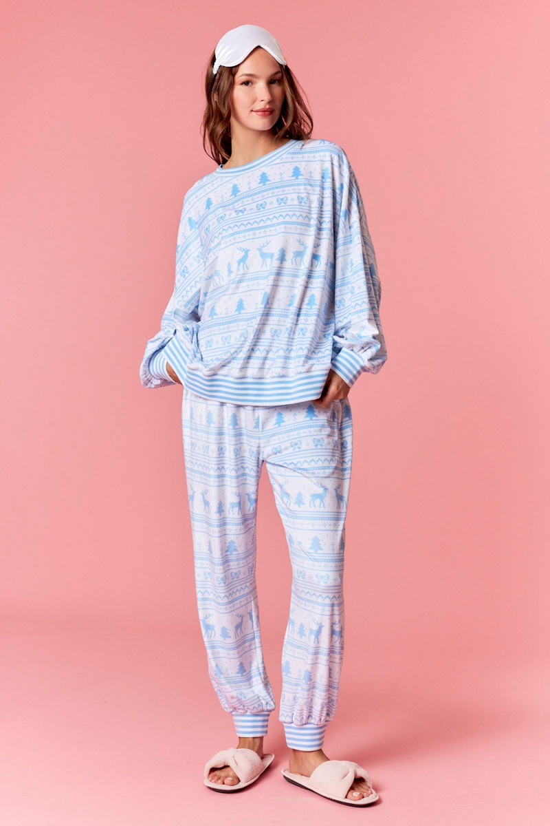 Light Pink Cozy Stripe Christmas Print Fleece Top Top