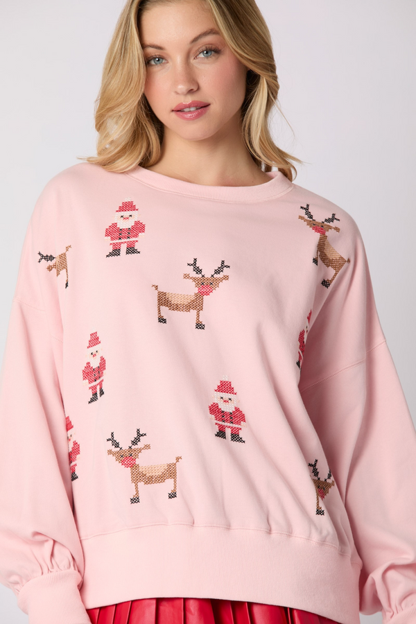 Thistle Santa & Rudolph Cross Stitch Embroidery Sweatshirt Sweatshirt