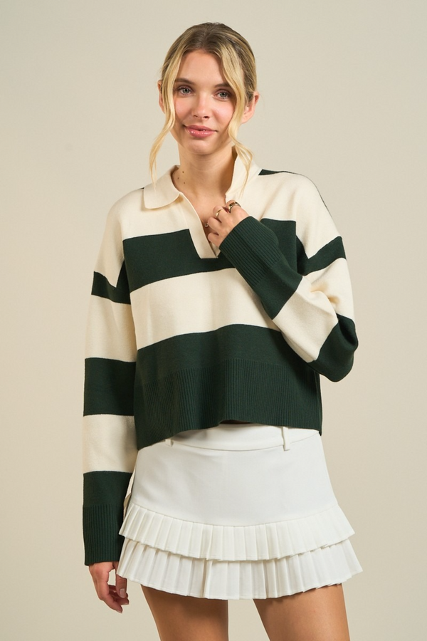 Light Gray Field Striped Polo Sweater in Hunter Green/Ivory Sweater