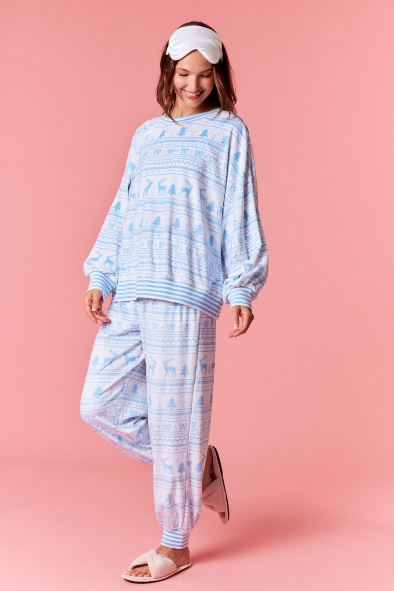 Light Pink Cozy Stripe Christmas Print Fleece Top Top